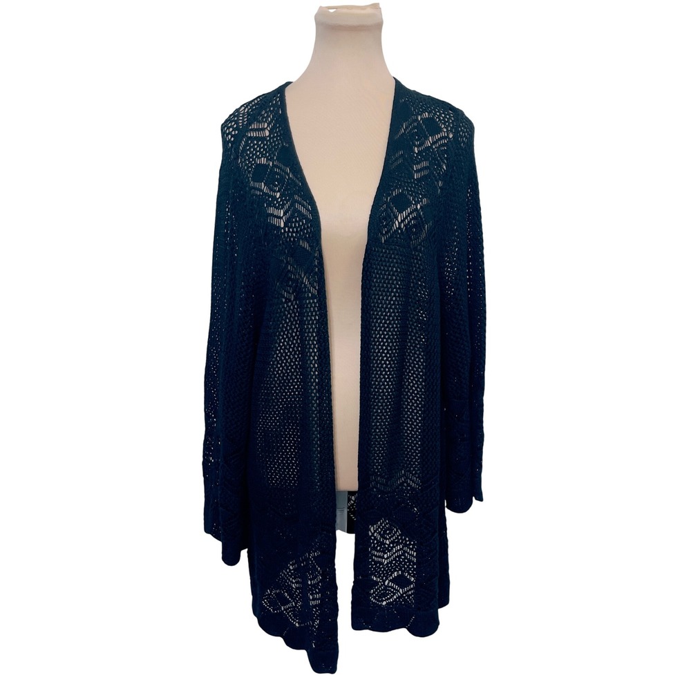 Multiples Women Crochet Cardigan XL Black Open Front Knit Boho Whimsy Goth